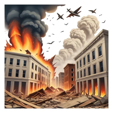A vintage movie poster-style design with a dramatic scene of a natural disaster like an earthquake, tornado. Include crumbling buildings, flying debris and fiery explosions. The background should be chaotic, with a cinematic, apocalyptic vibe. Transparent background. sticker