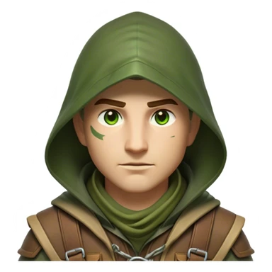 Clash of Clans aesthetic friendly Ranger Portrait Emoji, With a lean, agile build clad in earth-toned leather and green accents, a keen, focused gaze and a weathered hood shadowing determined eyes, his face rendered in a natural skin tone (not yellow), Simplified yet sharply defined features, highly detailed, glowing with a soft, natural woodland radiance, high shine, intelligent and resolute, stylized with an air of forest guardian authority, focused and alert, soft glowing outline, capturing the essence of a confident ranger ready to defend the wild with stealth and valor! sticker