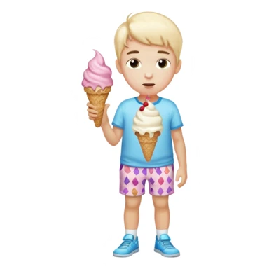 Young boy wearing ice cream shorts saying 67 sticker