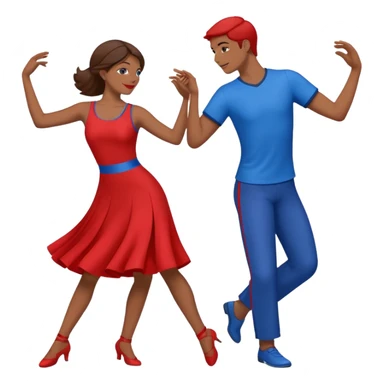two people dancing together, one wearing red and one wearing blue sticker