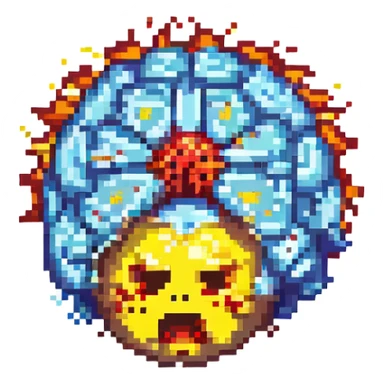 shocked emoji with an exploding brain, pixel art style sticker