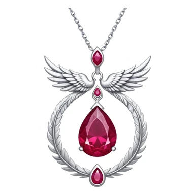 cosmic phoenix talisman, teardrop ruby with feather details, radiating rebirth, floating silver chain sticker