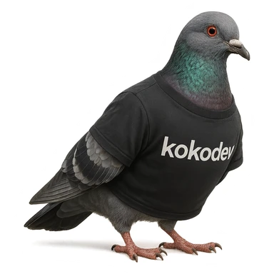 a realistic pigeon wearing a t-shirt with 'kokodev' written on it, high detail, natural pose, photorealistic, detailed feathers and fabric sticker