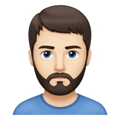 Caucasian man with long straight dark brown hair styled loose with fringe, medium-length hair, short full beard, neutral serious expression, simple blue shirt sticker