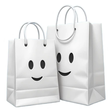 A 3D emoji of two white paper shopping bags, one large and one small, standing next to each other. Soft studio lighting, smooth 3D rendering, claymorphism style, minimalist design, cute, high resolution, isolated on a white background. sticker