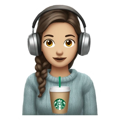 Can you make a brunette girl with blue greyeyes wearing a beig sweater and ear muffs holding a Starbucks cup sticker