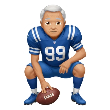A grandpa playing football wearing an Indianapolis Colts jersey is. Show him kind of crouch down to the ground, holding the football and show  back of his jersey. sticker