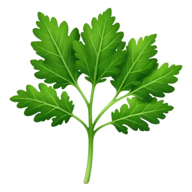 parsley leaf, single, bright green, serrated edges, natural curves, glossy, fine central vein, branching lobes, no stem bunch, no background, soft lighting, emoji scale sticker