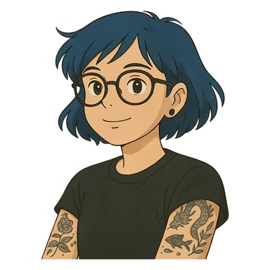 ghibli style portrait of a person with blue hair, glasses, and tattoos sticker