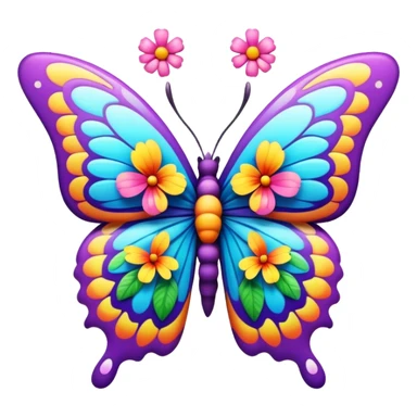 3D, psychedelic colored hippie style butterfly with flowers sticker