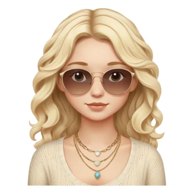 Blonde girl with wavy hair, wearing a cream knitted top and layered necklaces. Sunglasses on head, natural light, neutral background, soft boho vibe. sticker