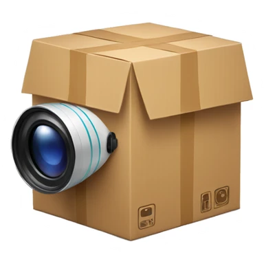 A cardboard box package with video camera. sticker