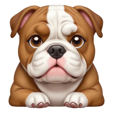 Cinematic Cute Brown and White English Bulldog Portrait Emoji, Head tilted playfully and inquisitively, featuring a glossy brown and white coat with distinct patches, round, sparkling brown eyes filled with curiosity, Simplified yet irresistibly adorable features, highly detailed, glowing with a warm, friendly glow, high shine, affectionate and charming, stylized with a touch of whimsy, bright and endearing, soft glowing outline, capturing the essence of a mischievous yet loving companion, so playful it feels like it could bound out of the screen and into your arms! sticker