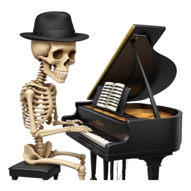 a human skeleton in anatomical proportion wears a black hat and plays the piano sticker