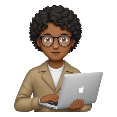 guy with wavy kinda curly black hair and skin tone a little bit brown and glasses, with a macbook sticker
