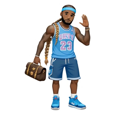 LeBron james with bohemian knotless braids and a Paul frank blue crop top with black baggy jorts and Jordan 4s sticker