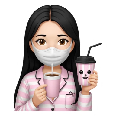 chica de pelo lacio color negro cabellera larga piyama blanca con rayas rosa claras peo no tan claras no oscuras el bordado es negro al igual que los botones )tiene una mascarilla para la carablanca y sostiene y cafe con bolitas nedras al dondo con unsorbete tranparente y es de test blanca  sticker
