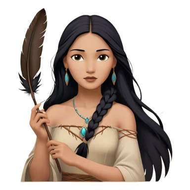 Cinematic Realistic Pocahontas Portrait, depicted with lifelike skin texture, soft natural lighting, and intricately detailed long, flowing raven-black hair that moves gracefully in the wind. Her deep, soulful dark brown eyes exude wisdom and strength, complemented by a serene yet powerful expression. She is shown gently holding a feather in one hand, her other hand resting lightly at her side, embodying the harmonious balance between nature and herself. She is dressed in her classic one-shoulder native American dress, with rich fabric textures and delicate beaded details that catch the light beautifully. The portrait features a soft, sun-kissed glow with a natural, radiant finish, capturing the essence of untamed beauty and deep connection to nature in a realistic and painterly style, evoking a sense of depth and authenticity. sticker