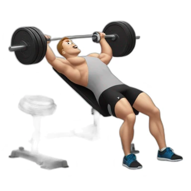 white man on a weightlifting bench, using portable computers as dumbbells instead of traditional weights, while he performs a bench press exercise with enthusiasm sticker