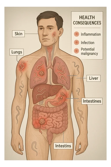 a semi-transparent view of a man’s body reveals numerous parasitic organisms inside his organs and tissues. Some areas are highlighted with red or inflamed zones, and small tumor-like masses are visible where the parasites cluster. The background is clinical and educational, with labels pointing to affected organs and a sidebar showing the health consequences. sticker