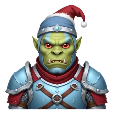 
Fantasy Christmas orc legion soldier icon, iron tundra army theme, heavy winter armor, disciplined brutal look, icy blue steel armor with deep crimson accents, frozen metal texture, cold winter atmosphere, male variant sticker