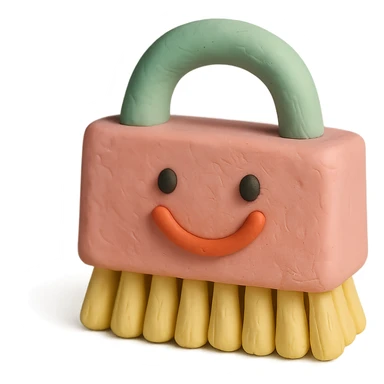 playful cleaning brush with a smiling face in claymation style, pastel colors sticker