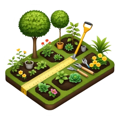 Icon for Landscape Design: a garden layout with plants, trees, paths, and design tools like a spade, pencil and measuring tape. The icon should represent creativity in outdoor space planning and gardening. Transparent background. sticker