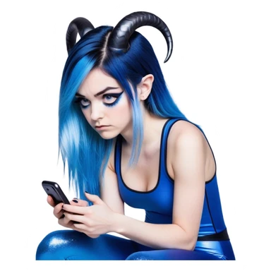 Disapponted-big tears-head back texting on phone-very very large upper body-sexy face-bending forward at waist-very long very straight dark blue to light blue ombre hair-and-blue eyes-thick black eyeliner-cute goat horns-iridescent blue lowcut tanktop with black leggings with glitter superman logo sticker