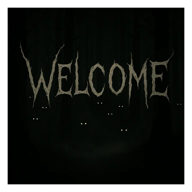 Add the word 'Welcome' in creepy, horror-themed text, integrated into the shadowy forest banner. The text should look like it belongs in the dark, mysterious forest setting, with a chilling vibe. sticker