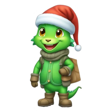 happy little green cartoon dragon of child, in winter, in work pants, in work clothes, in winter boots, in a Santa Claus hat, New Year, with presents sticker