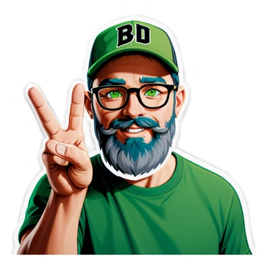 A bold man with a grey baseball cap, green eyes, big beard and glasses, waving  sticker