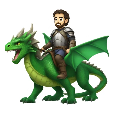Determined armored White Man with dark brown hair and a short beard riding on the back of a giant green dragon sticker