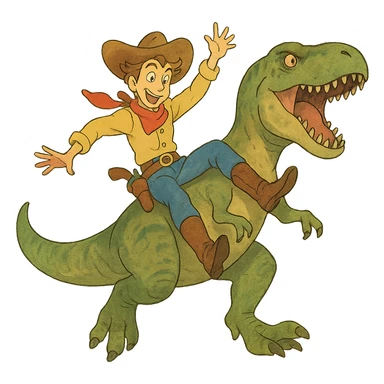 energetic and whimsical cowboy sliding down a t-rex sticker
