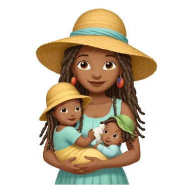 A black mom with long dread lock hair in a sunhat holding her baby gently, wearing a sun-dress while smiling softly. sticker