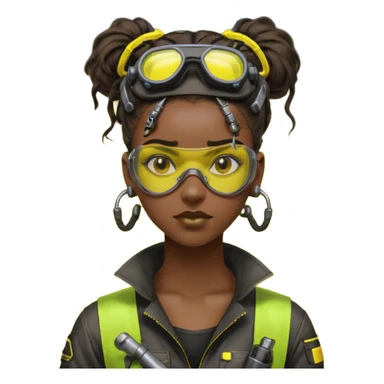 Cyberpunk black female mechanic, yellow tech goggles on forehead, messy hair bun, ear piercings, tool collar, grease smudge on cheek, focused expression, neon yellow lighting sticker