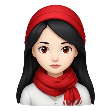 A girl with long black hair, wearing a red scarf, black eyes, and a white shirt. sticker