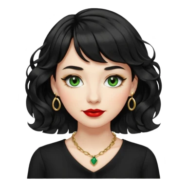 woman with jet black lightly curled wavy shoulder-length hair, short curtain bangs, bright red lipstick, black shirt, white skin, small closed-mouth smile, green eyes, black eyelashes with mascara, dainty gold necklace with the letter 's' sticker
