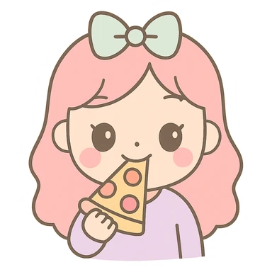 Make the girl eat pizza and look like she is enjoying it, same kawaii chibi anime style, flat pastel colors, thick outlines, simple cute features, transparent background. sticker