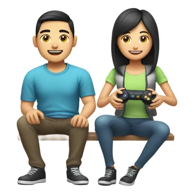 Cute Asian Couple sitting together and having fun playing video games sticker