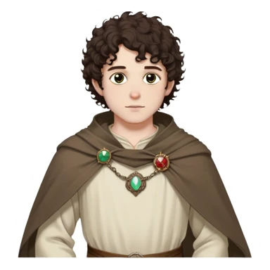 medieval spring outfit worn by a DnD themed fantasy male character. thin wool tunic with a light cloak draped over one shoulder, secured by a wooden brooch. clothes only above the waist. The clothes full waist. The character's haven't arms. character is white-skinned, dark brown hair, hazel eyes, short curly hair. sticker