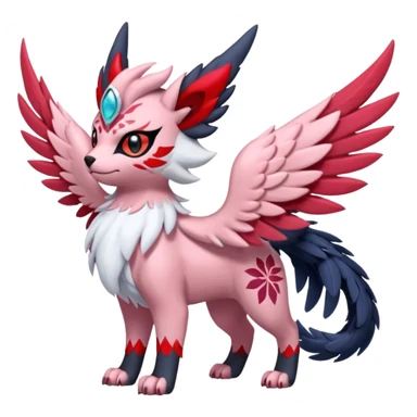 Floral feathery pastel pink and ruby-jewelry-adorned Absol-Litten-Amaura-fusion-Fakemon-animal-creature  sticker