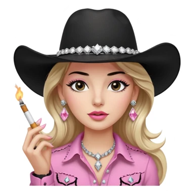 White girl, extra thick and long black eyelashes, black cowboy hate with hat band sparkling, long light brown straight hair, pink and black western shirt, smoking a cigarette,  big white diamond stud earrings, diva vibes sticker