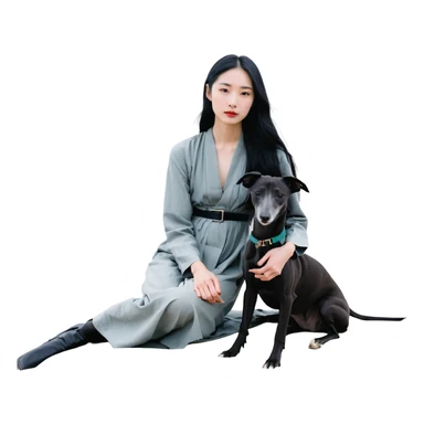 A very beautiful and attractive 25-year-old Chinese woman with long flowing black hair and a SOLID DARK GREY whippet sitting together on a beach during a beautiful sunset. The whippet MUST be COMPLETELY SOLID DARK GREY with ABSOLUTELY NO WHITE MARKINGS ANYWHERE - no white chest, no white face, no white paws, no white tip on tail - ENTIRELY ONE SOLID DARK GREY COLOR throughout the entire dog. Orange and red sunset sky over the ocean, sandy beach in the foreground. sticker