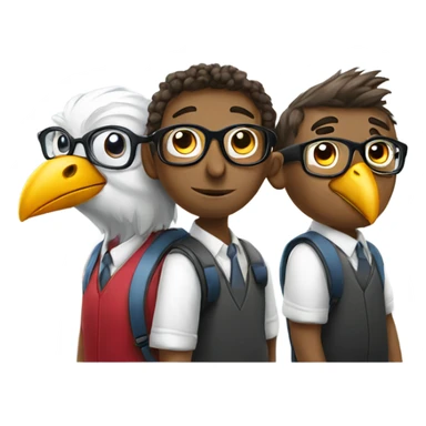 three birds in a school studying but only one of them is learning and wearing glasses sticker