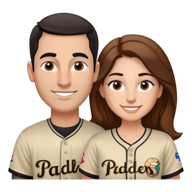 *White* couple smiling. Woman has big cheeks and a lot of freckles on the nose. long brown hair. Man has black and very short hair and prominent eyebrows with egipcian nose. Both are wearing “Los Padres” baseball new 2025 jearsey. Accurate jersey.  sticker