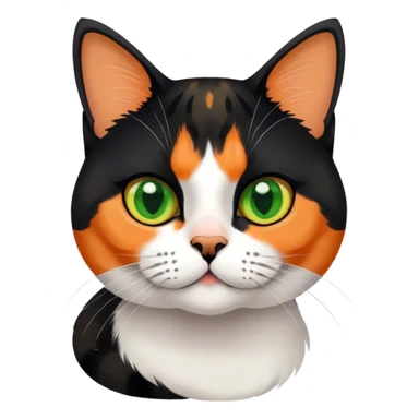 American shorthair calico cat with big green eyes and black fur on the right side of their face and orange on the left side sitting down sticker