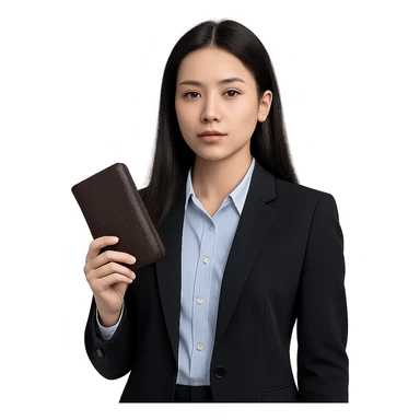 a girl with long black hair, neutral expression, wearing business style clothes including shirt and jacket, holding a wallet as an accessory, professional and clean style sticker