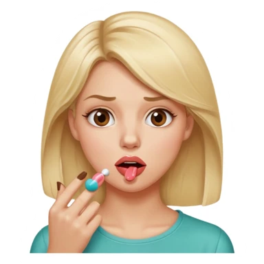 👁️🫦👁️💁🏼‍♀️ aguicheuse. elle se mord le coin de la lèvres. Elle est blonde. Ongles vernis marrons. Elle mâche un chewing-gum  sticker
