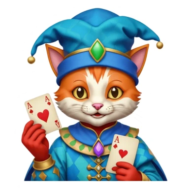 crazy colorful cute little cat jolly joker from poker, medieval, vintage, court jester, mac os icon, blue color, holds an ace poker card (clearly detailed and precise) sticker