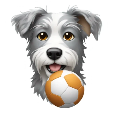 Grey and white scruffy spotted dog holding a football sticker